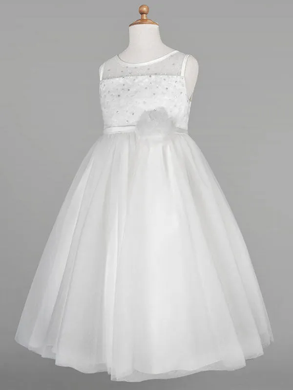 Ivory Tulle Jewel Neck Sleeveless A-Line Beaded Kids Social Party Dresses
