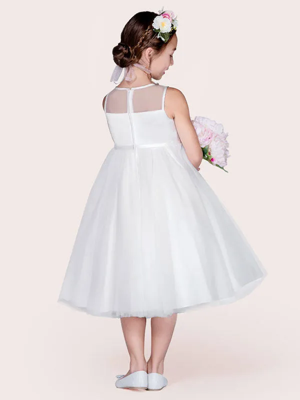 Ivory Tulle Jewel Neck Sleeveless A-Line Beaded Kids Social Party Dresses