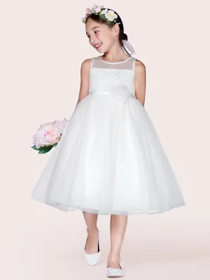 Ivory Tulle Jewel Neck Sleeveless A-Line Beaded Kids Social Party Dresses