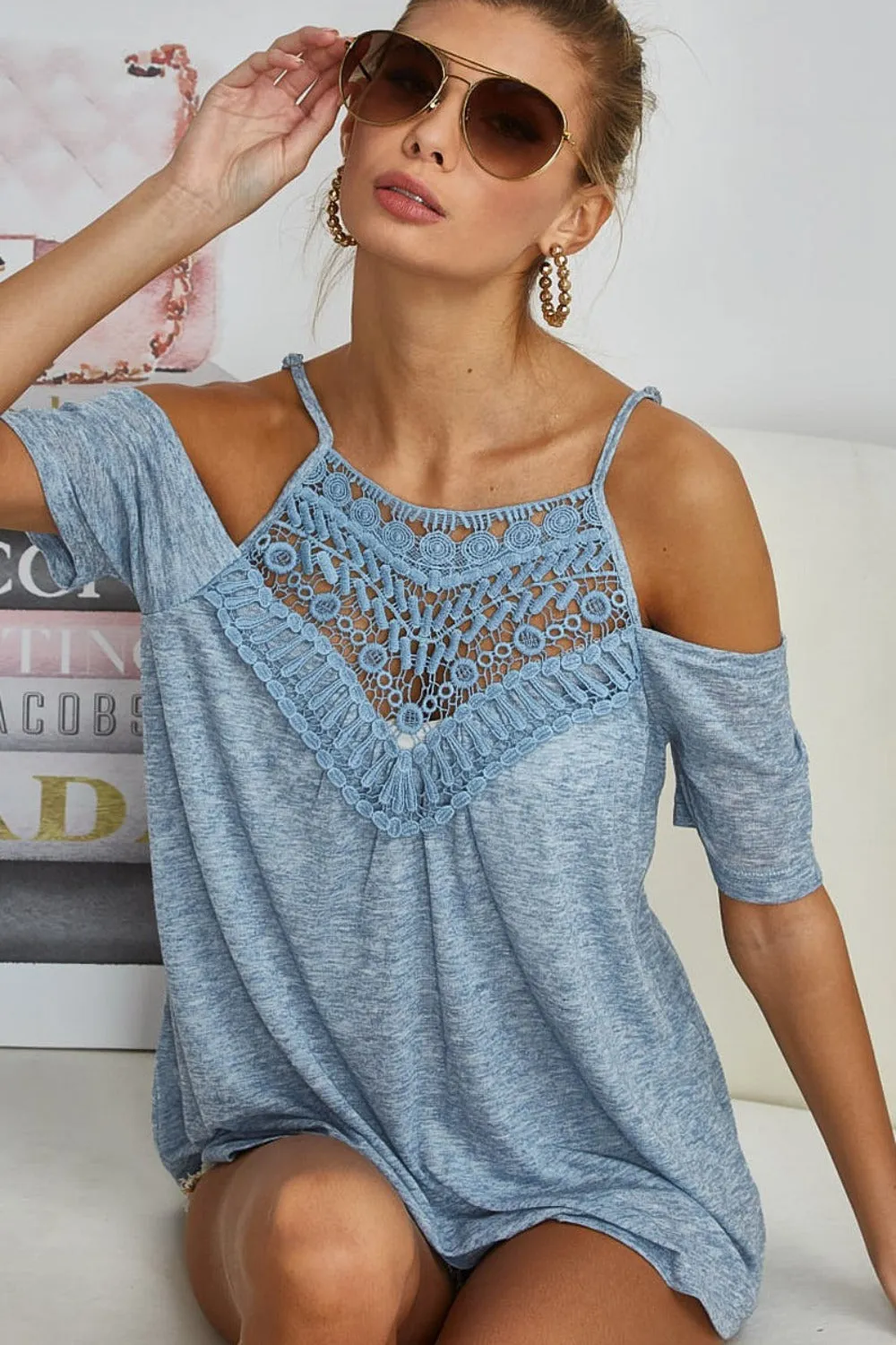 Jesse Blue Front Crochet Lace Adjustable Strap Top - Online Exclusive