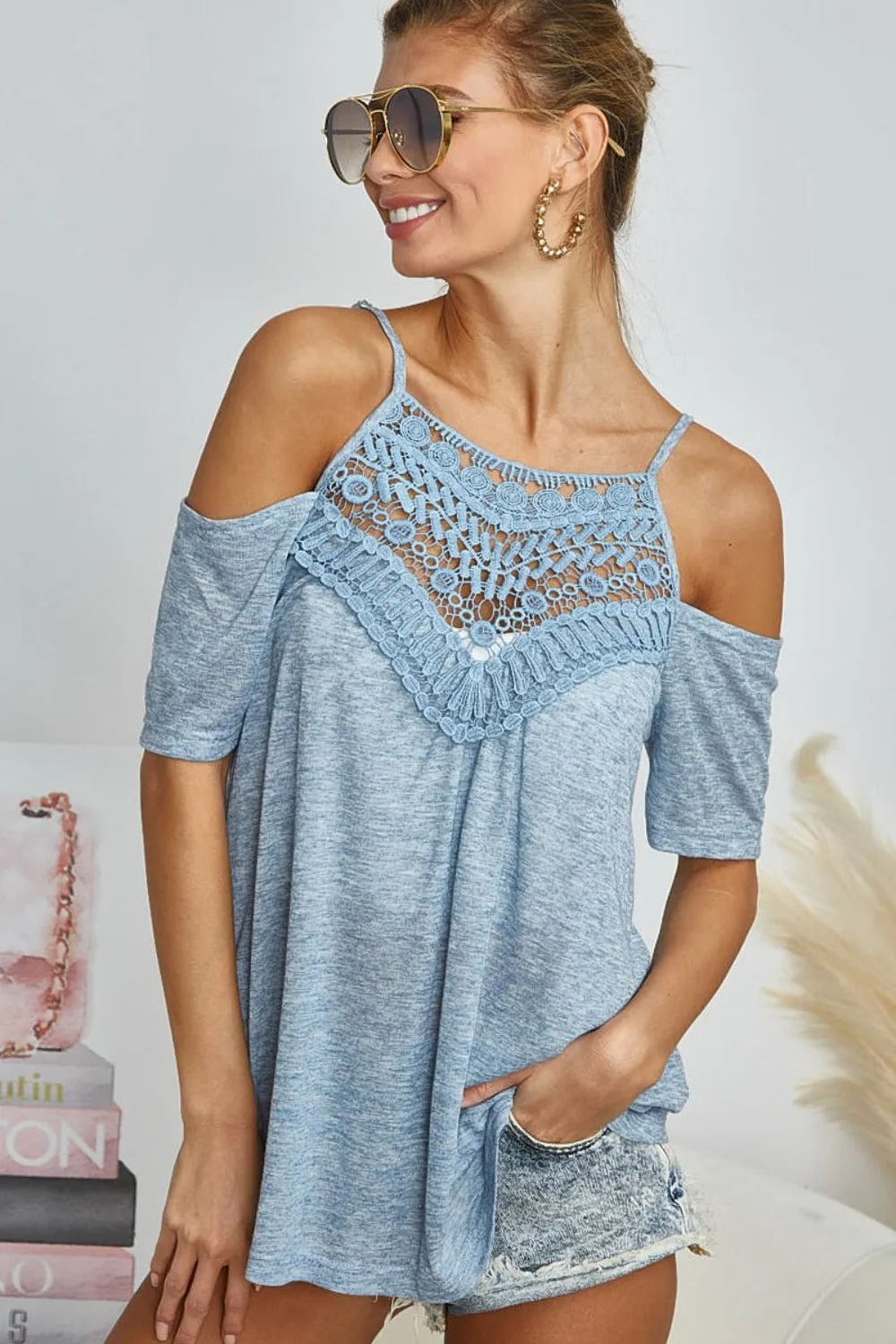 Jesse Blue Front Crochet Lace Adjustable Strap Top - Online Exclusive
