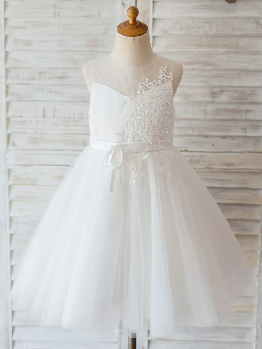 Jewel Neck Lace Sleeveless Short Princess Beaded Kids Social Party Dresses