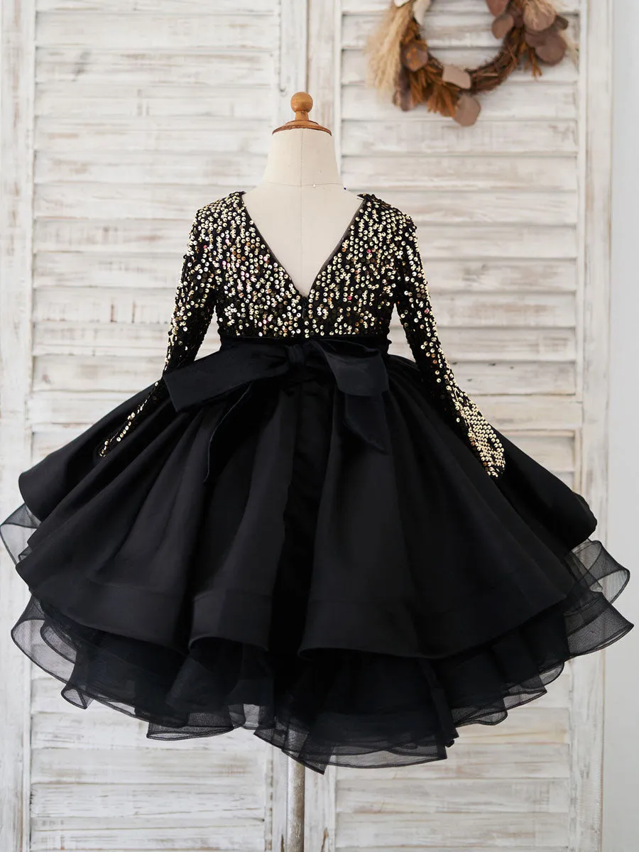 Jewel Neck Satin Fabric Long Sleeves Short Princess flower girl dress