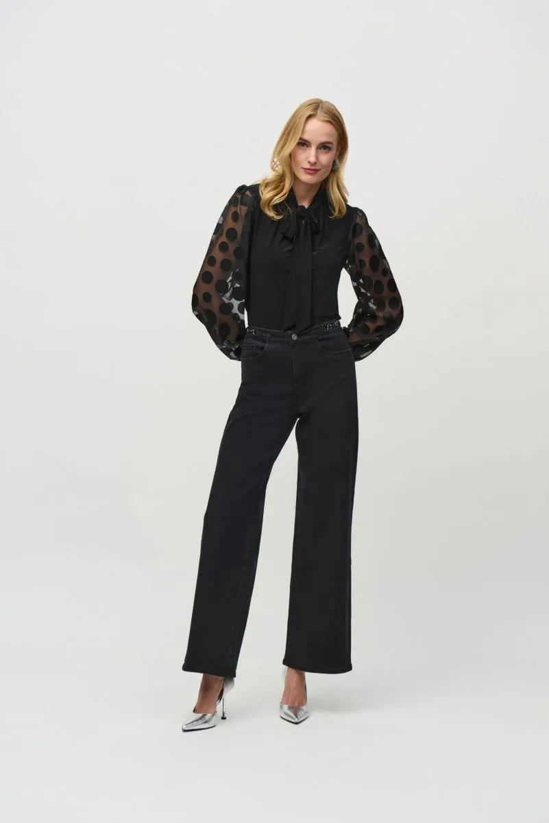 Joseph Ribkoff Black Pussy Bow Polka Dot Mesh Puff Sleeve Top 244019