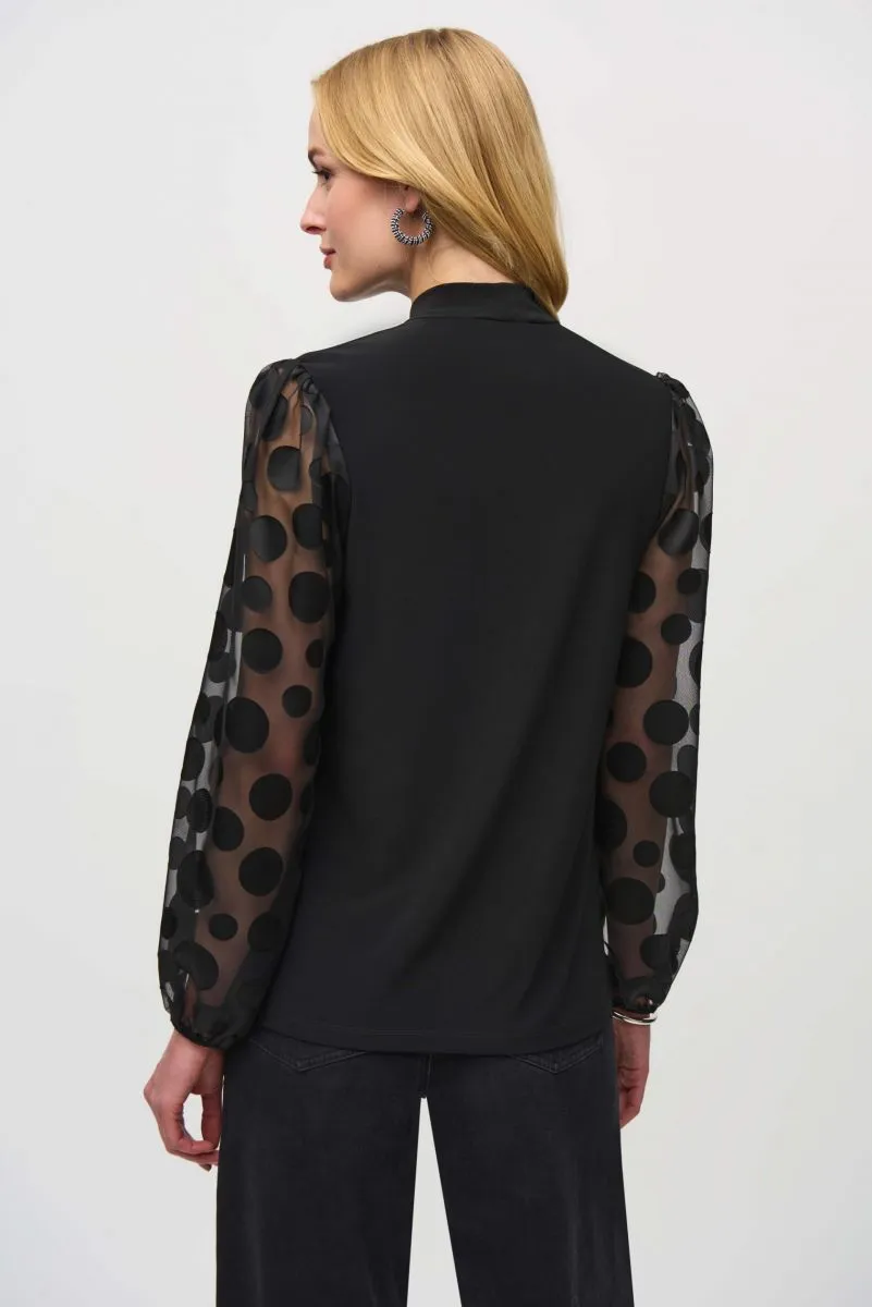Joseph Ribkoff Black Pussy Bow Polka Dot Mesh Puff Sleeve Top 244019