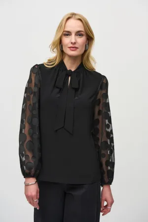 Joseph Ribkoff Black Pussy Bow Polka Dot Mesh Puff Sleeve Top 244019
