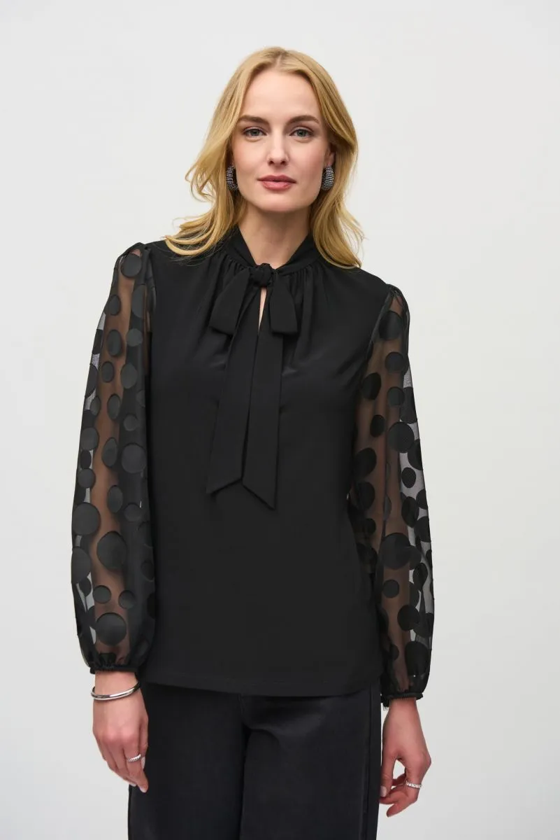 Joseph Ribkoff Black Pussy Bow Polka Dot Mesh Puff Sleeve Top 244019