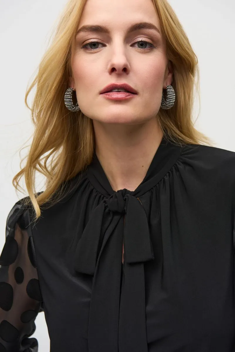 Joseph Ribkoff Black Pussy Bow Polka Dot Mesh Puff Sleeve Top 244019