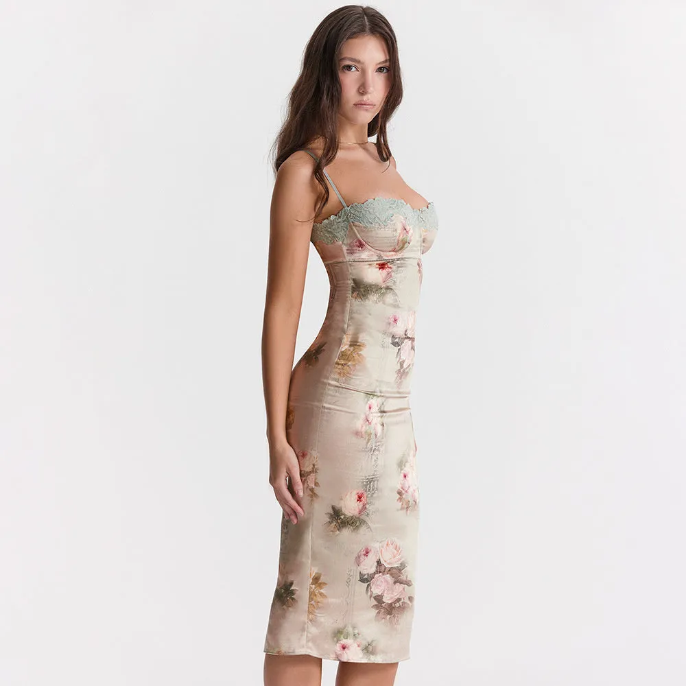Kimberly Spaghetti Strap Lace Print Midi Dress