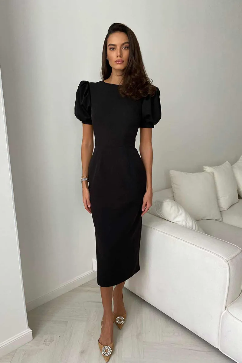 L1963 - Simple Scoop Short Puff Sleeves Satin Sheath Midi Evening Part Dress