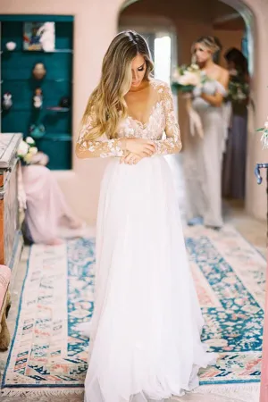 Lace Backless A-Line V-neck Long Sleeves Wedding Dresses, Bridal Dresses, MW552