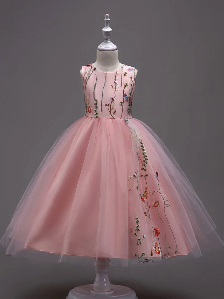 Lace Embroidered Kids Tutu Dress Tulle Sleeveless Burgundy Little Girls Party Dress
