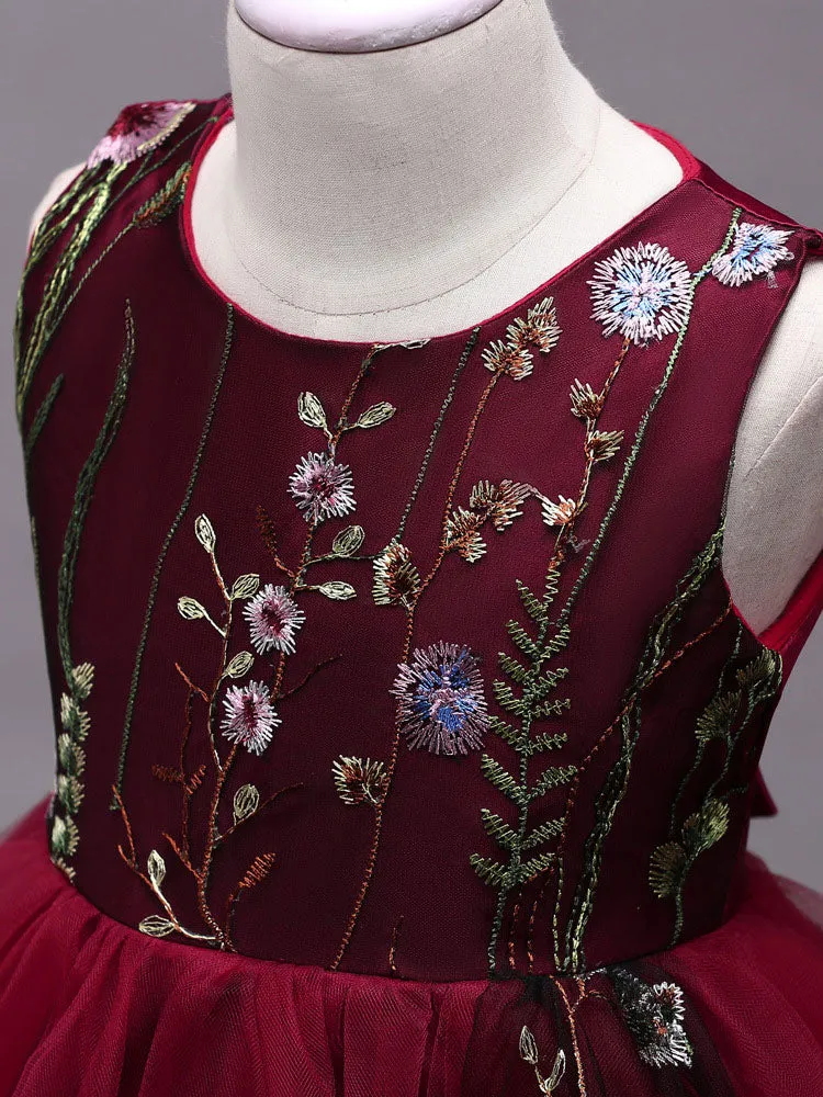 Lace Embroidered Kids Tutu Dress Tulle Sleeveless Burgundy Little Girls Party Dress