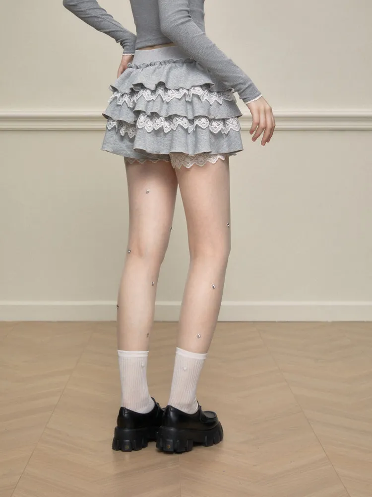 Lace-Mixed Ruffle Skort In Two Tones