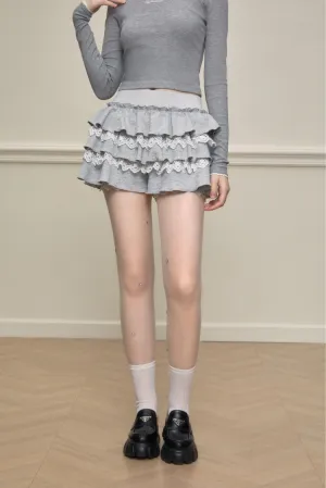 Lace-Mixed Ruffle Skort In Two Tones