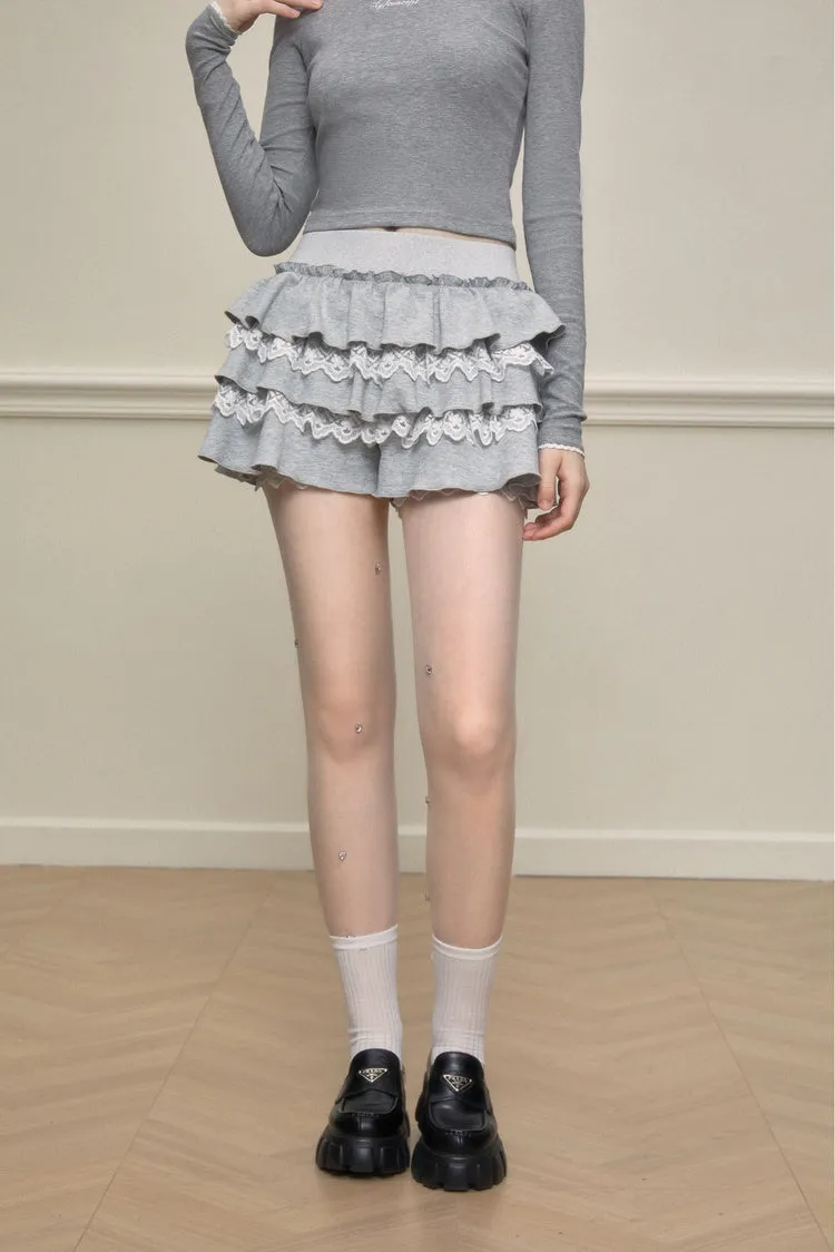 Lace-Mixed Ruffle Skort In Two Tones
