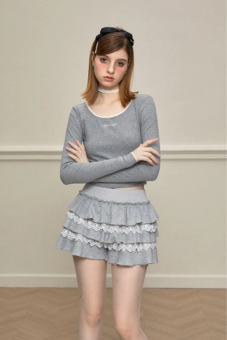 Lace-Mixed Ruffle Skort In Two Tones