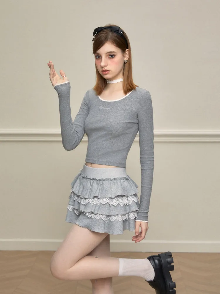 Lace-Mixed Ruffle Skort In Two Tones
