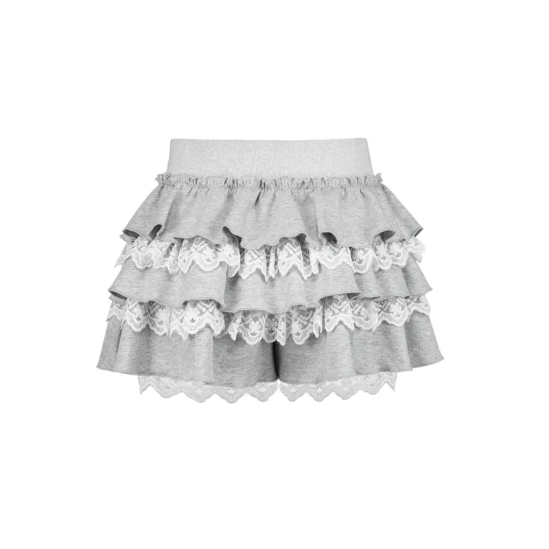Lace-Mixed Ruffle Skort In Two Tones