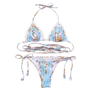 Lace Trim Print Tie Bikini