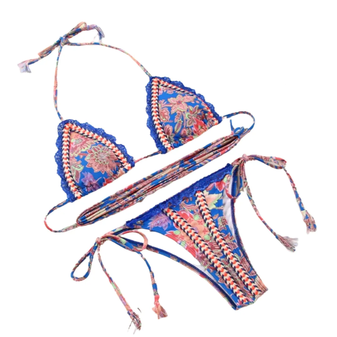 Lace Trim Print Tie Bikini