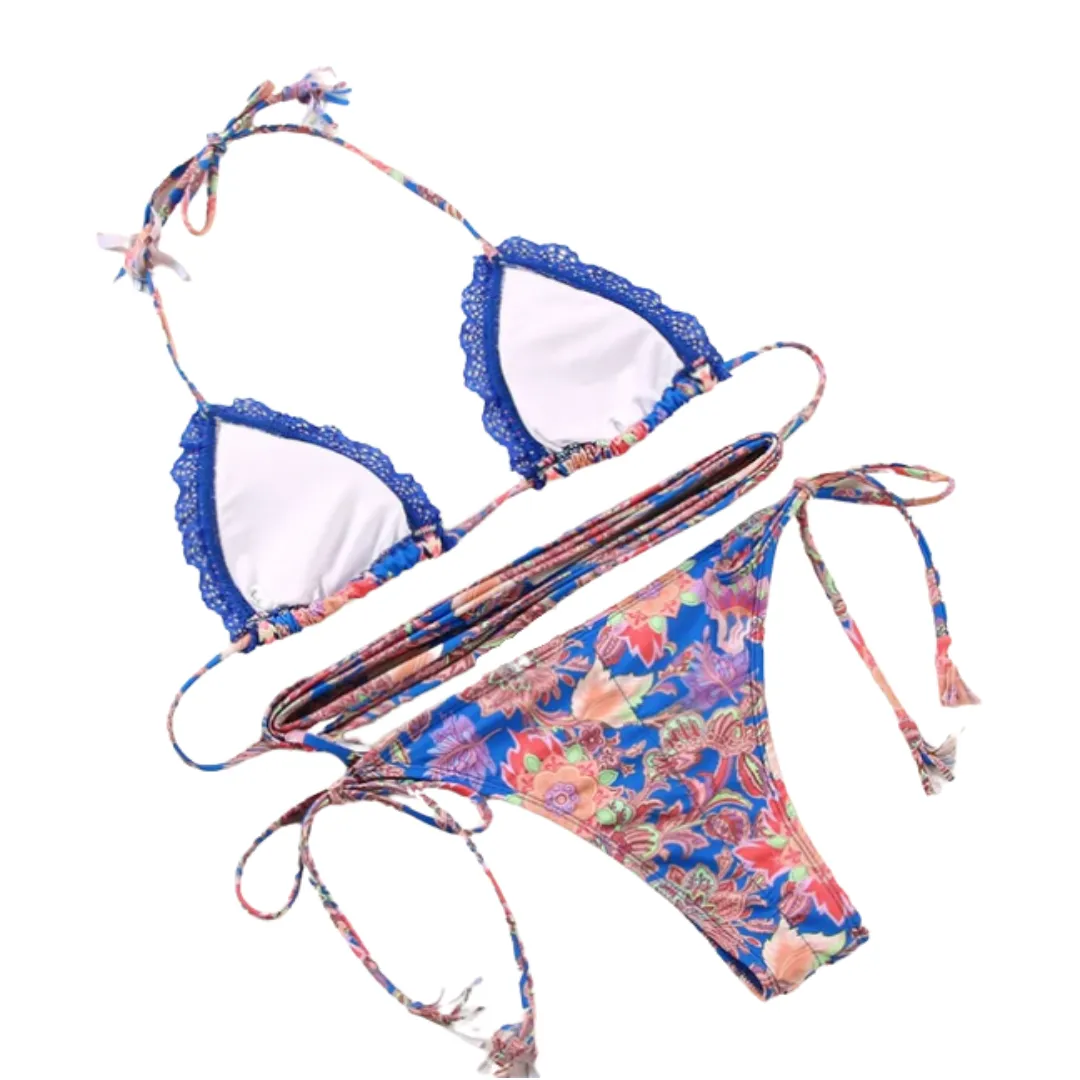 Lace Trim Print Tie Bikini