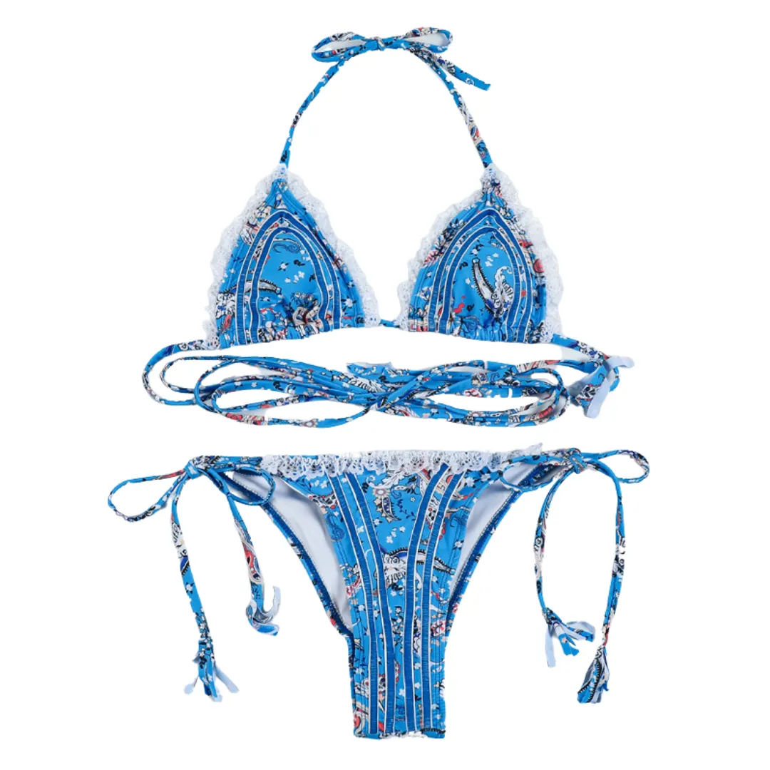 Lace Trim Print Tie Bikini