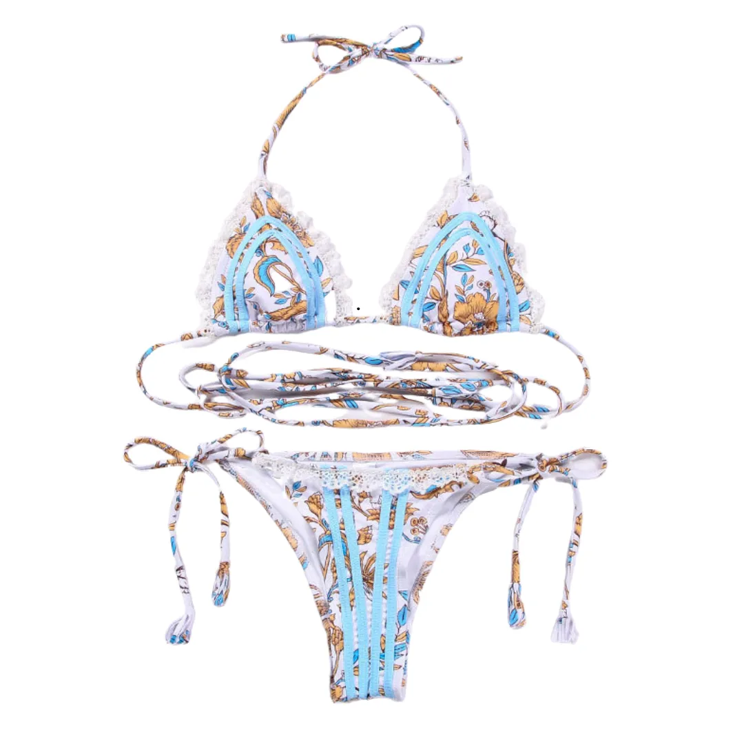 Lace Trim Print Tie Bikini