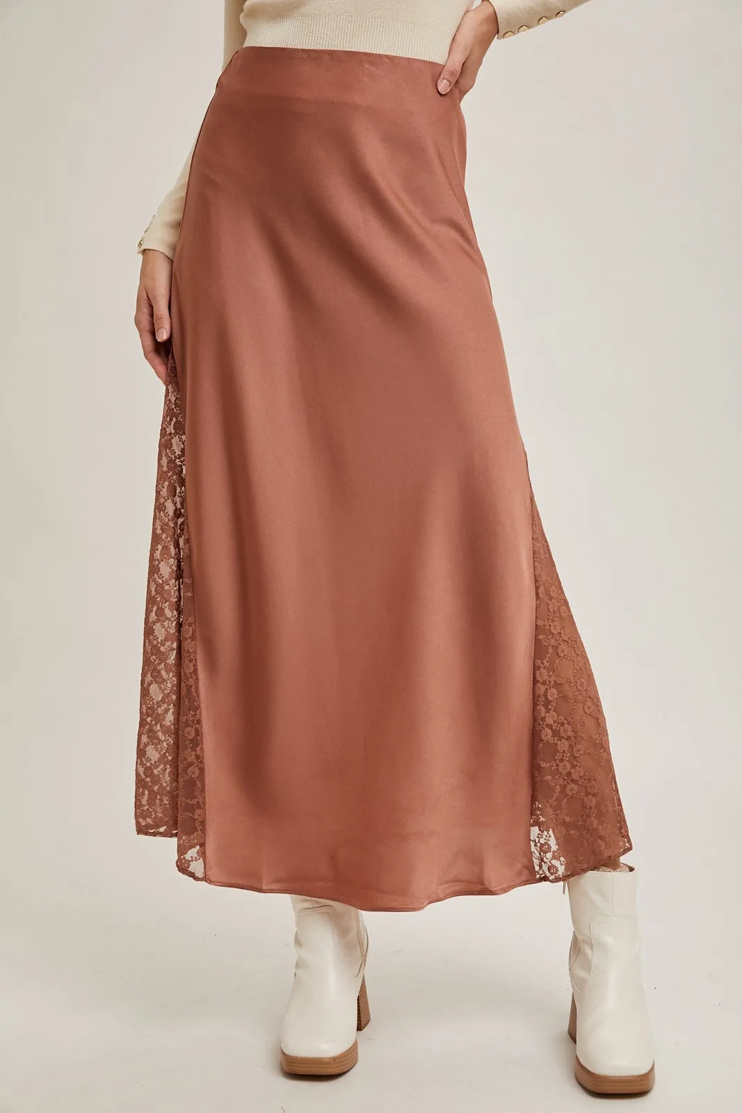 Lace Trimmed Satin Midi Skirt