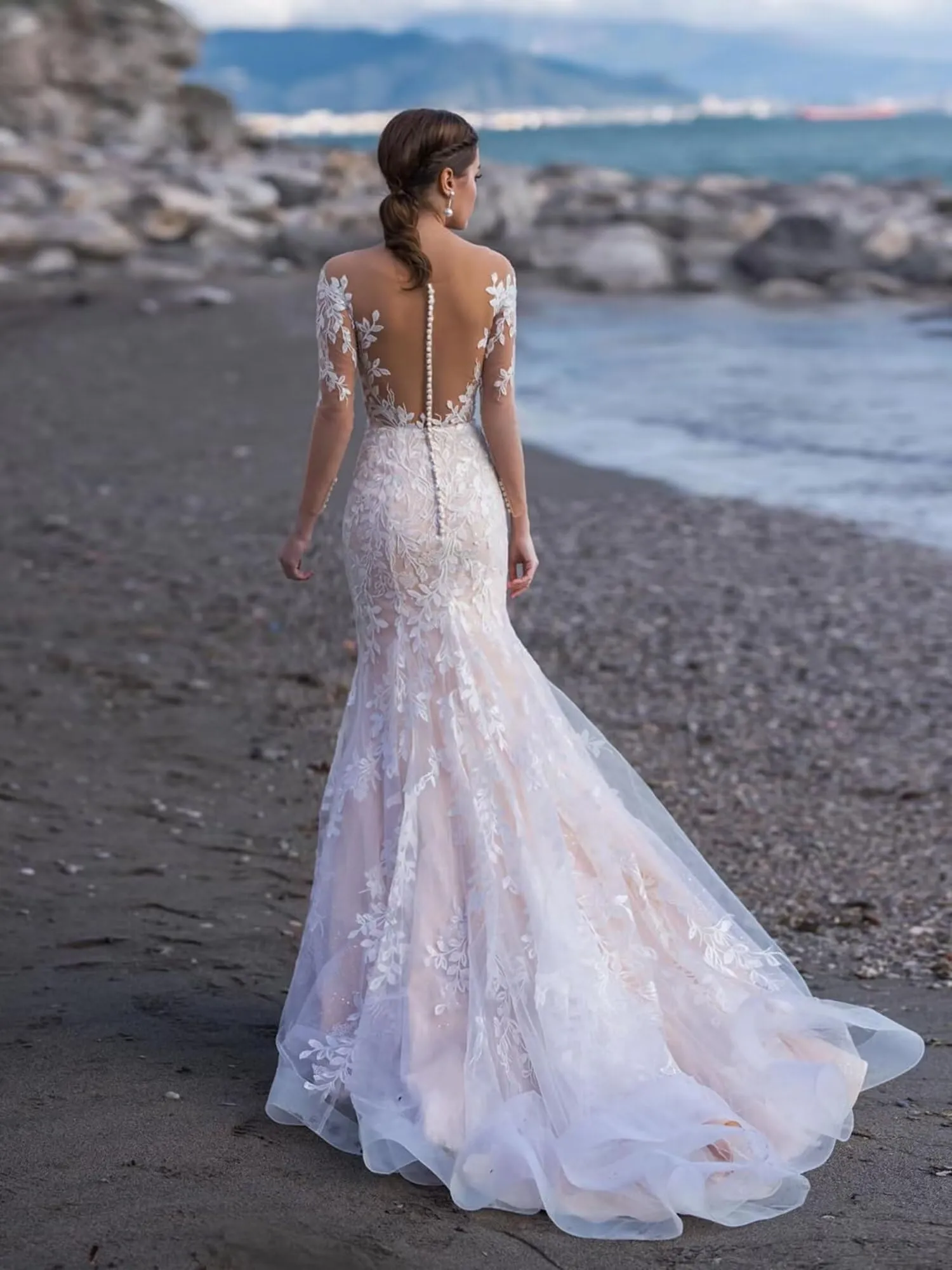 Lace V Neck Mermaid Wedding Gowns for Women Bride Ball Dress Long Sleeves Summer Bride Dress for Women White 16 Plus Size