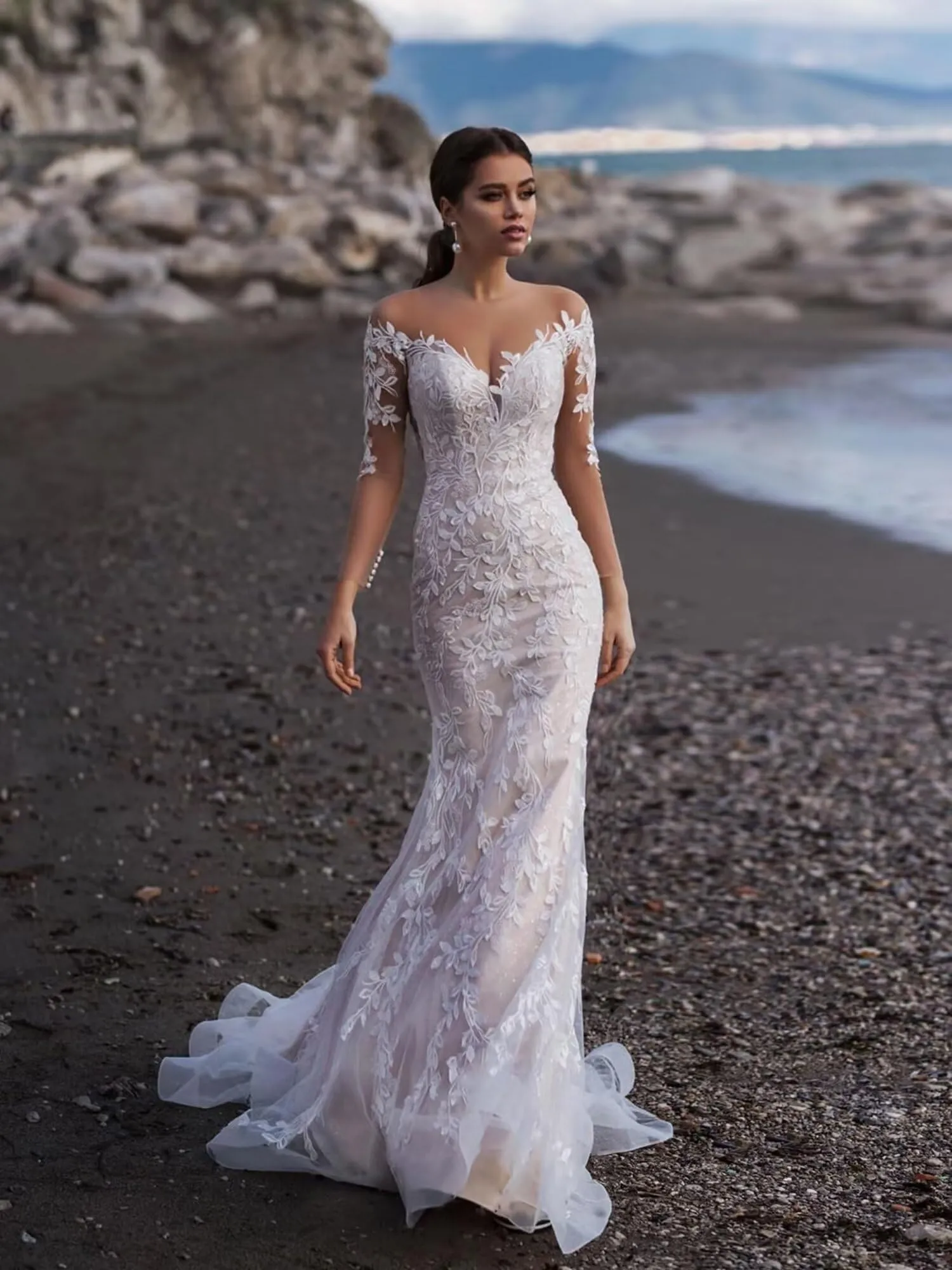Lace V Neck Mermaid Wedding Gowns for Women Bride Ball Dress Long Sleeves Summer Bride Dress for Women White 16 Plus Size