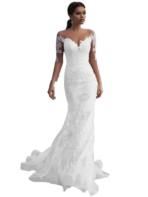 Lace V Neck Mermaid Wedding Gowns for Women Bride Ball Dress Long Sleeves Summer Bride Dress for Women White 16 Plus Size