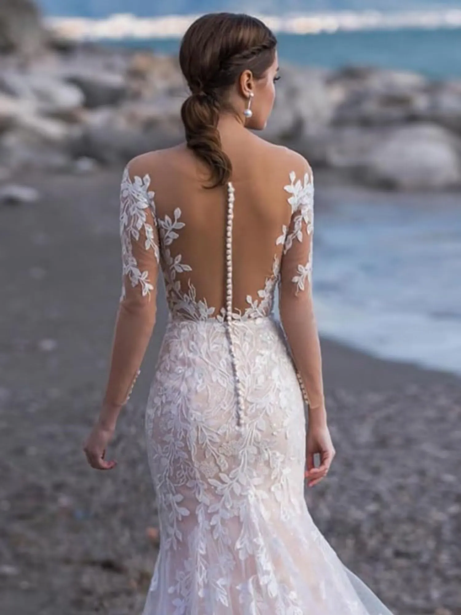 Lace V Neck Mermaid Wedding Gowns for Women Bride Ball Dress Long Sleeves Summer Bride Dress for Women White 16 Plus Size