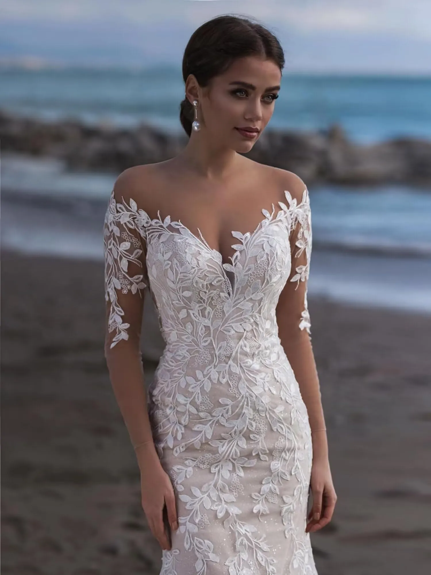 Lace V Neck Mermaid Wedding Gowns for Women Bride Ball Dress Long Sleeves Summer Bride Dress for Women White 16 Plus Size