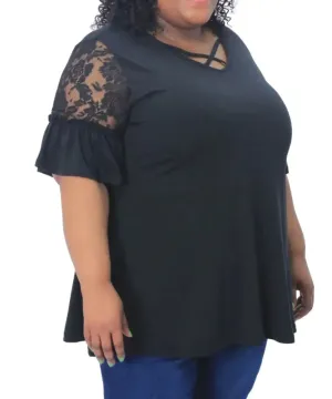 Ladies Lace Sleeve Detail Criss Cross Top