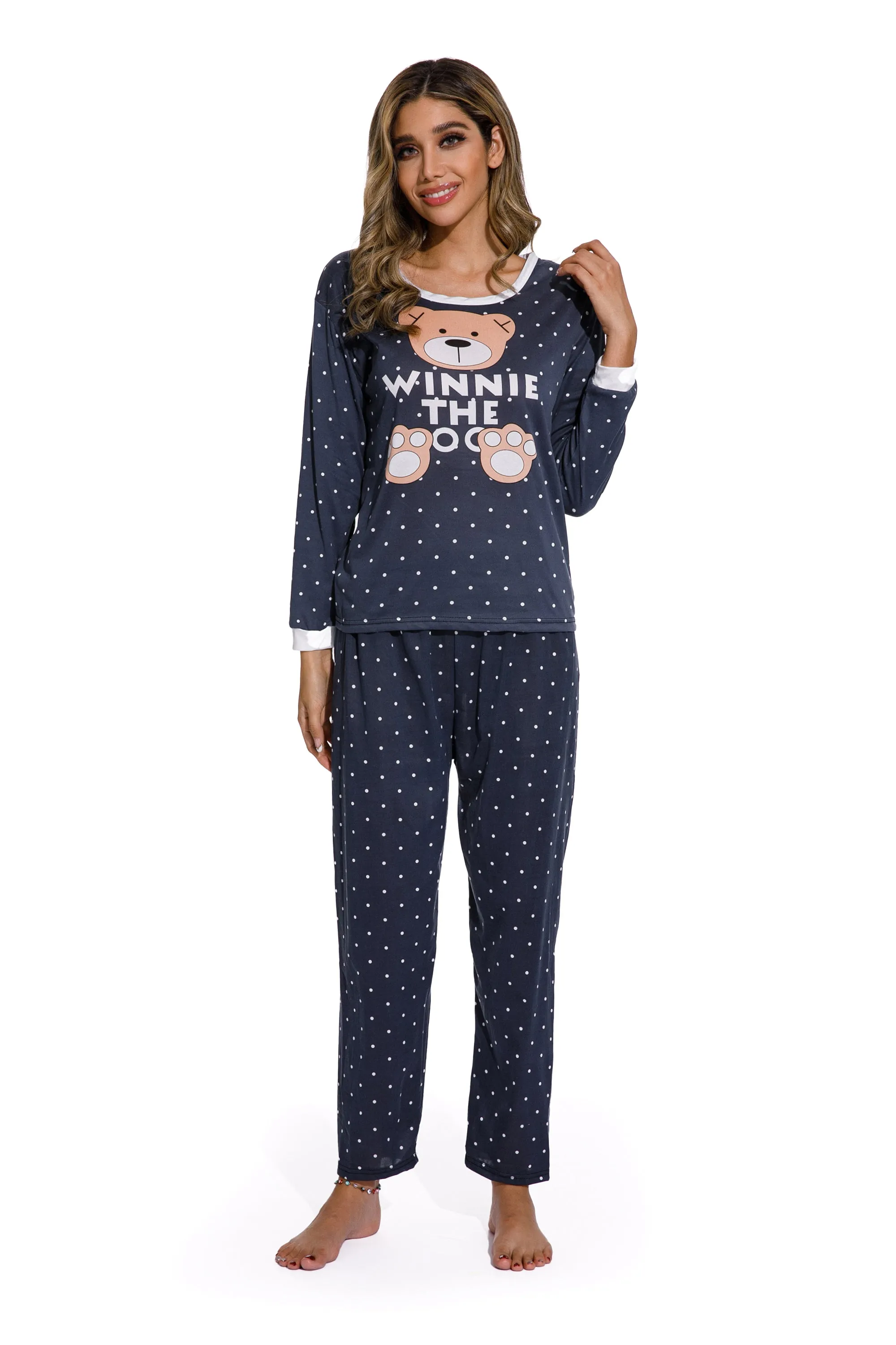 Ladies Round Neck Cartoon Bear Pajamas Set