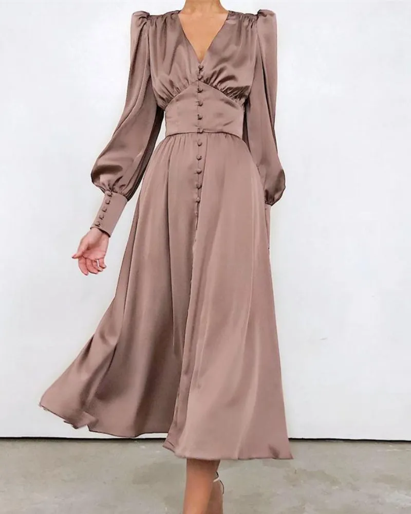Lantern Bubble Sleeve Satin Midi Dresses Burgundy