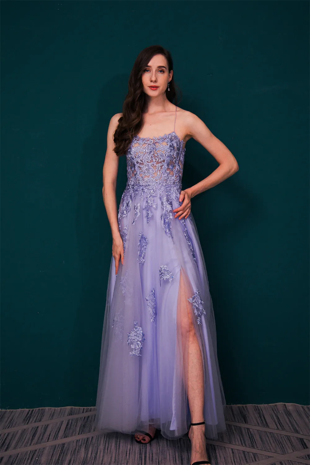 Lavender Spaghetti Strap Lace Appliques High split Prom Dress