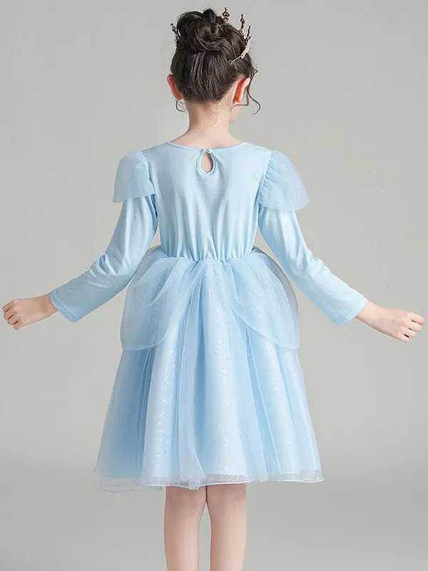Light Blue Jewel Neck Polyester Cotton Long Sleeves Short A-Line Beaded Formal Kids Pageant flower girl dresses