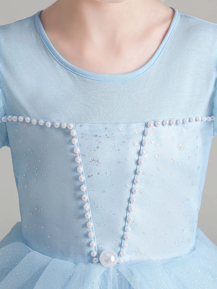 Light Blue Jewel Neck Polyester Cotton Long Sleeves Short A-Line Beaded Formal Kids Pageant flower girl dresses