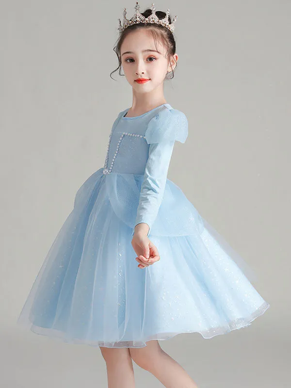 Light Blue Jewel Neck Polyester Cotton Long Sleeves Short A-Line Beaded Formal Kids Pageant flower girl dresses