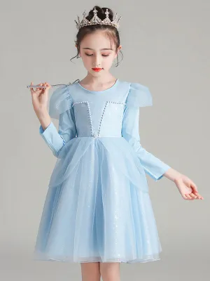 Light Blue Jewel Neck Polyester Cotton Long Sleeves Short A-Line Beaded Formal Kids Pageant flower girl dresses