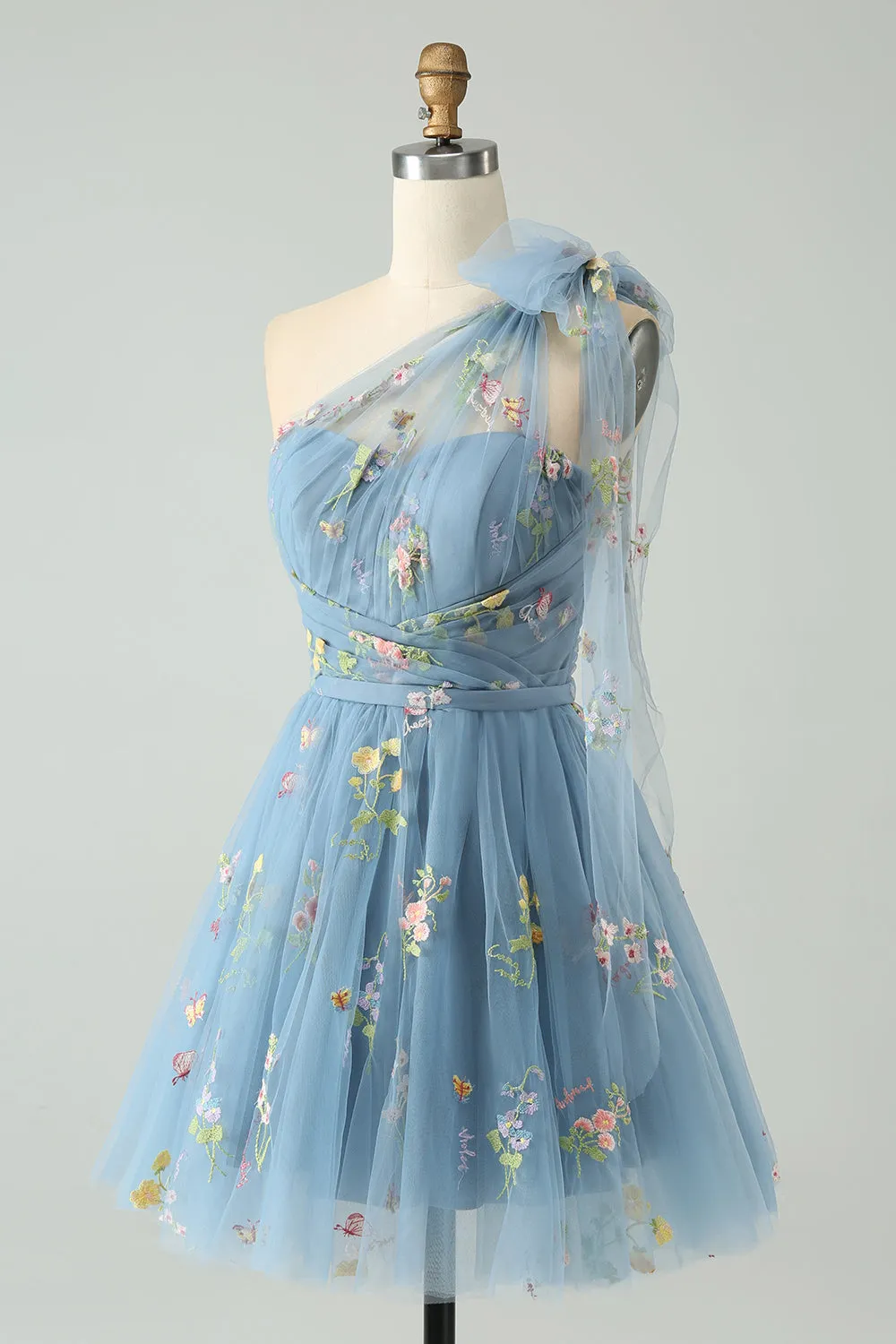 Light Green A Line One Shoulder Tulle Homecoming Dress with Floral Embroidery