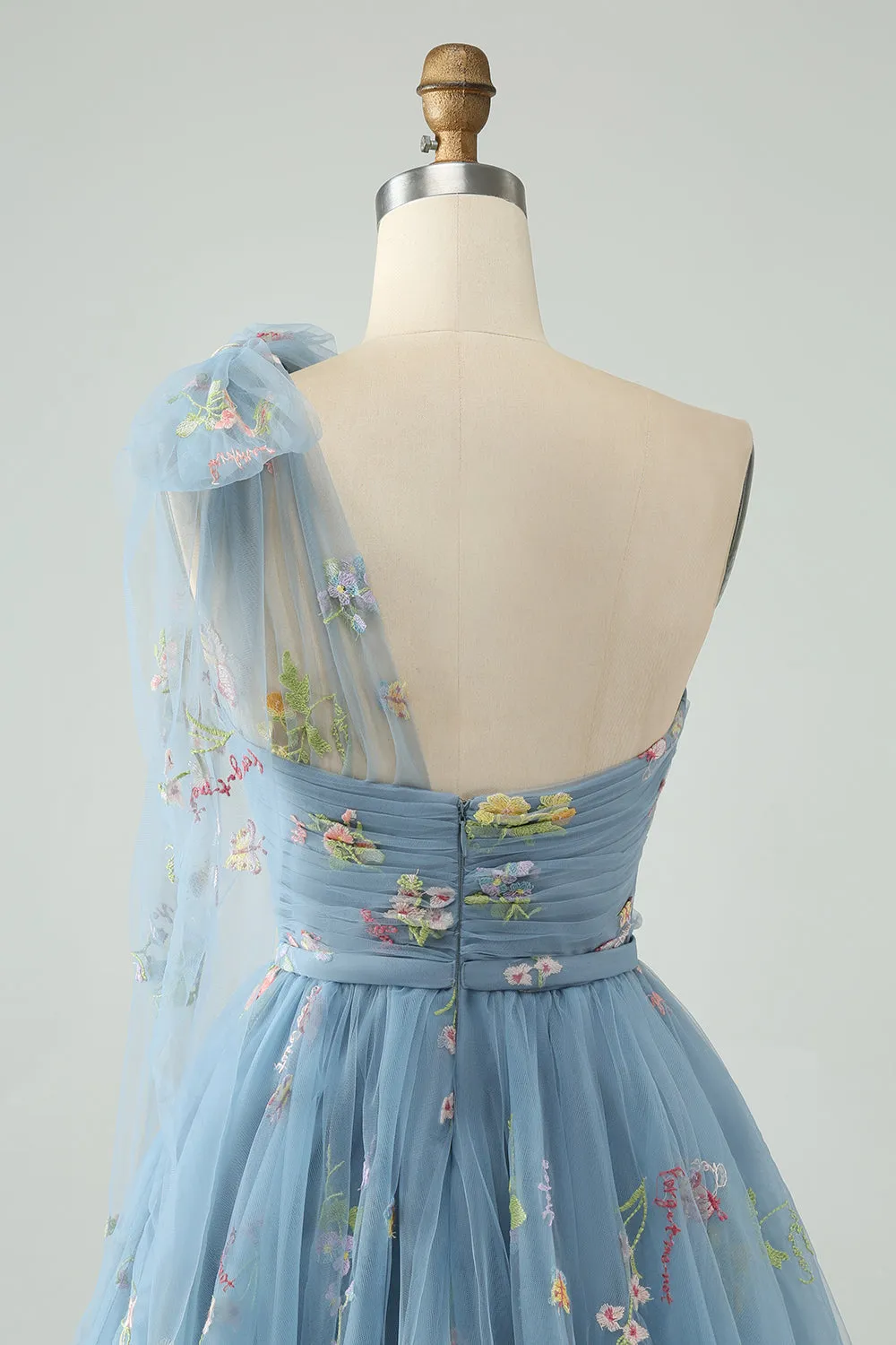 Light Green A Line One Shoulder Tulle Homecoming Dress with Floral Embroidery
