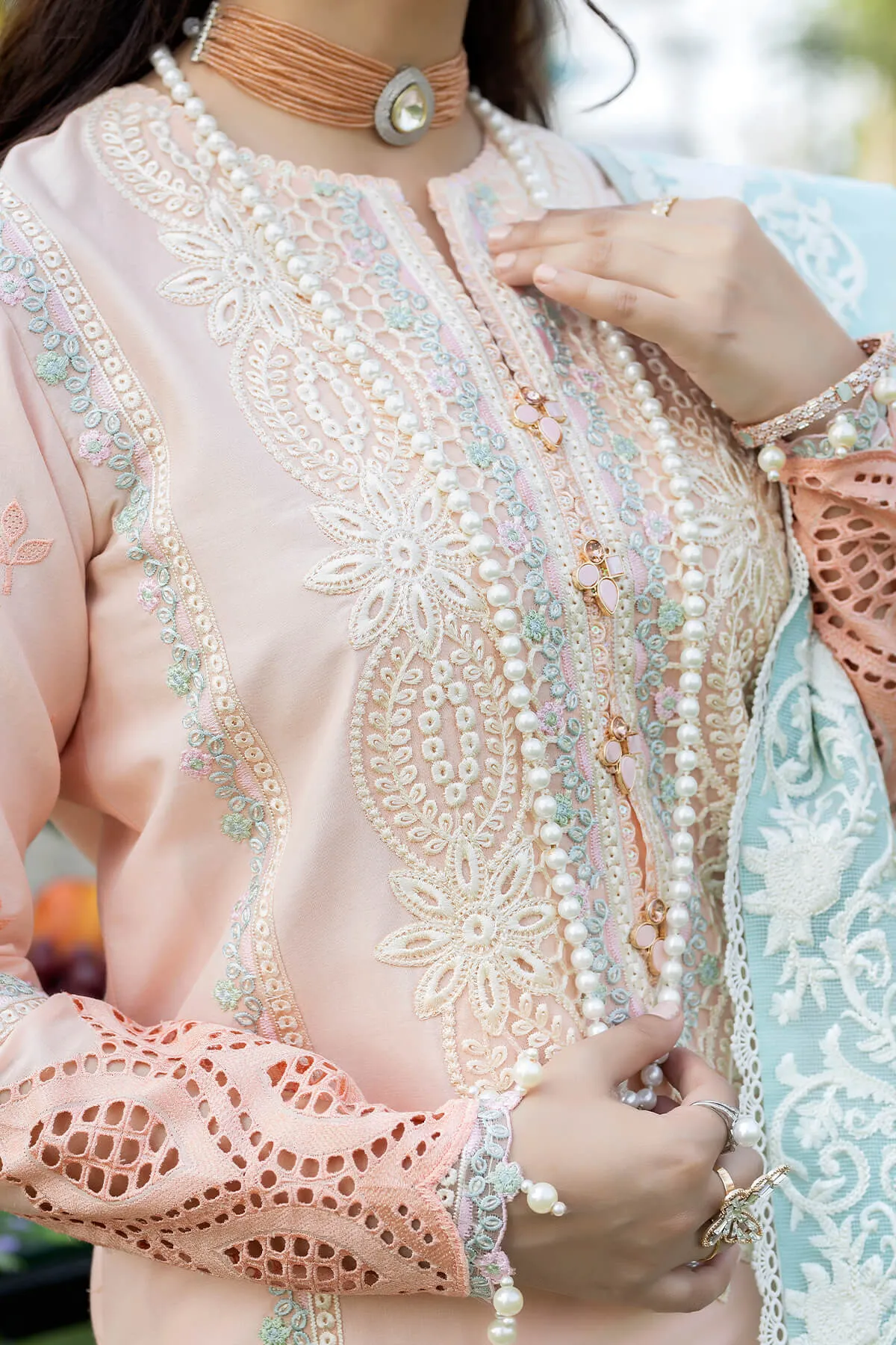 Light Peach Embroidered Kameez Capri and Dupatta Pakistani Party Dress