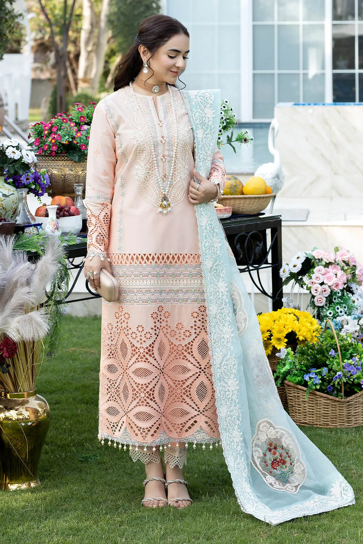 Light Peach Embroidered Kameez Capri and Dupatta Pakistani Party Dress
