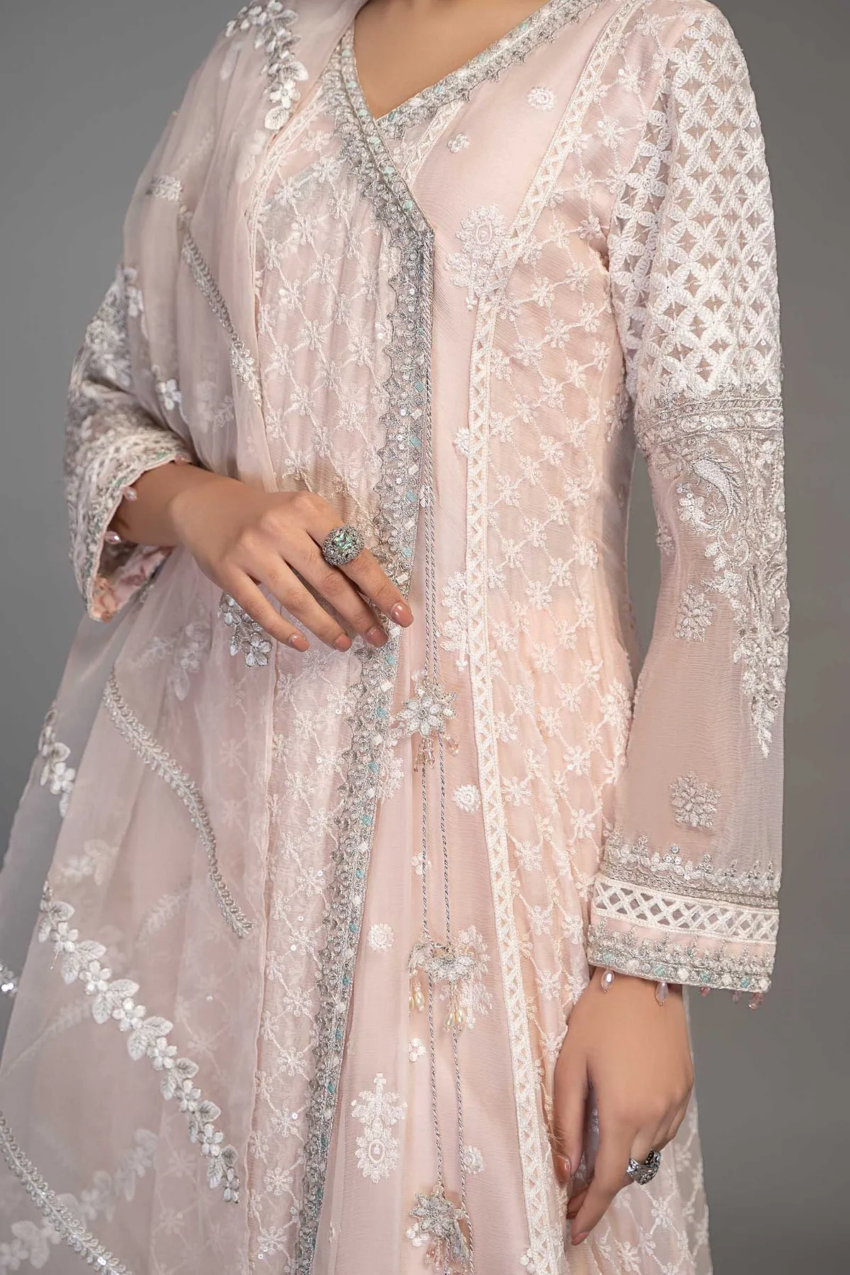 Light Pink Embroidered Anghrakha Style Pakistani Party Wear Frock