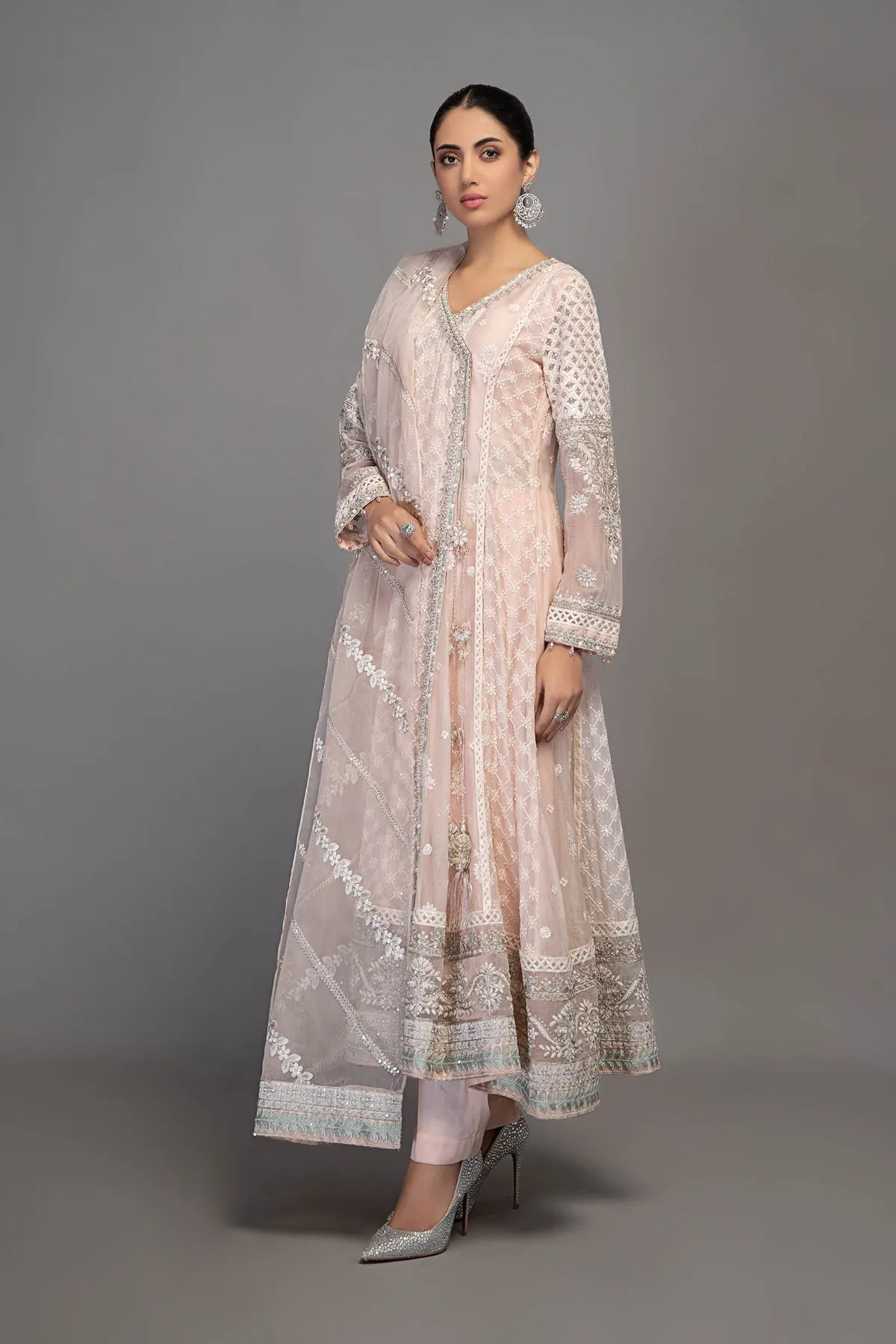 Light Pink Embroidered Anghrakha Style Pakistani Party Wear Frock