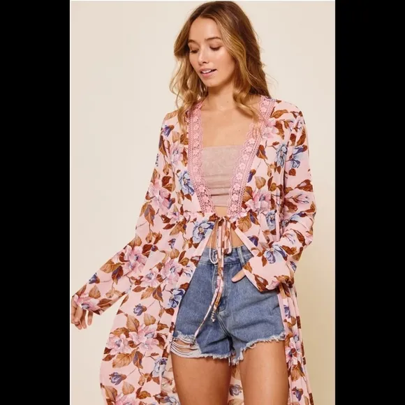 Lightweight boho floral lace trim self tie long kimono duster maxi cardigan