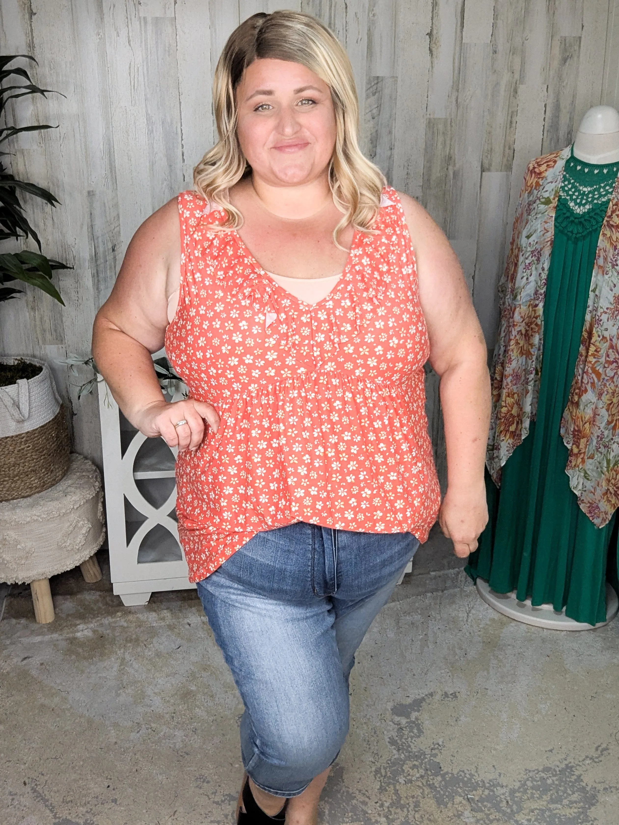 Lindsay Ruffle Detail Tank in Dark Coral Floral